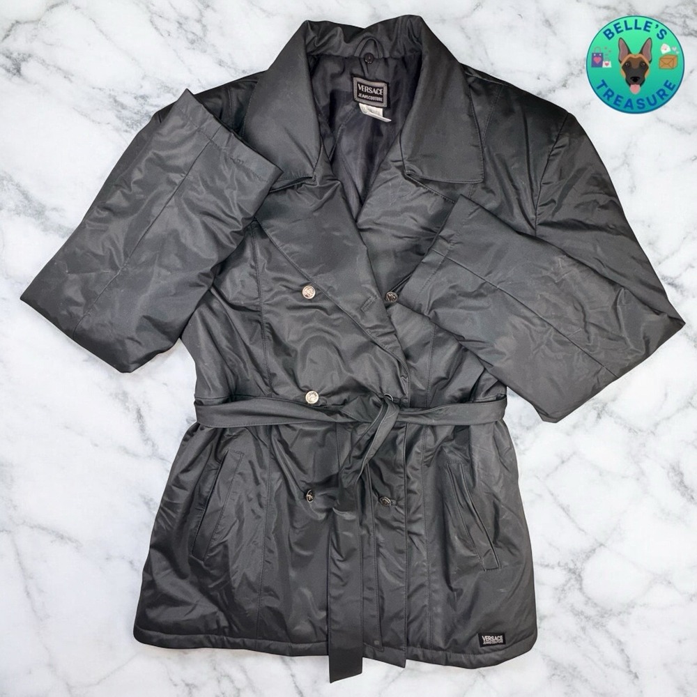 Versace Trench Coat Womens Large Shimmer Glitter Belted Gray Jacket Water Repel